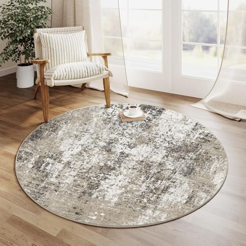 HUGEAR Moderner Abstrakter Runder Teppich 150 x 150 cm Brauner Kreis Eingangsteppich 5x5 Maschine Waschbar Küchenakzent Indoor Low Pile Distressed Wurf Wohnzimmer von HUGEAR