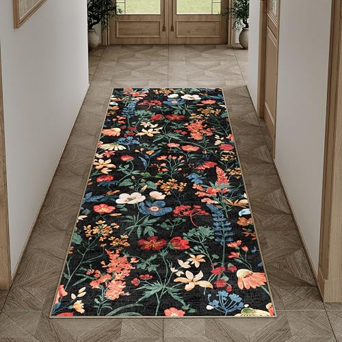 HUGEAR Schwarz Waschbarer Läufer Teppich Flur 60x180cm Blumenmuster Bettvorleger Blumen Boho Modern Küchen Wohnzimmer Schlafzimmer Teppiche rutschfest Kurzflor Weich Flurläufer Teppichläufer von HUGEAR