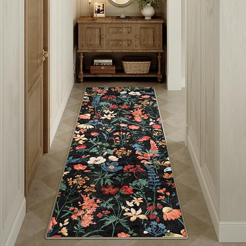 HUGEAR Schwarz Waschbarer Läufer Teppich Flur 60x240cm Blumenmuster Bettvorleger Blumen Boho Modern Küchen Wohnzimmer Schlafzimmer Teppiche rutschfest Kurzflor Weich Flurläufer Teppichläufer von HUGEAR