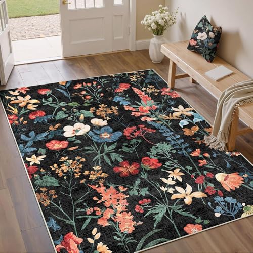 HUGEAR Schwarz Waschbarer Teppich Blumenmuster 150x80cm Blumen Boho Neutral Modern Rugs for Living Room Weich rutschfest Groß Tepich Kurzflor Schlafzimmer Carpet Esszimmer Bedroom Teppiche Büro von HUGEAR