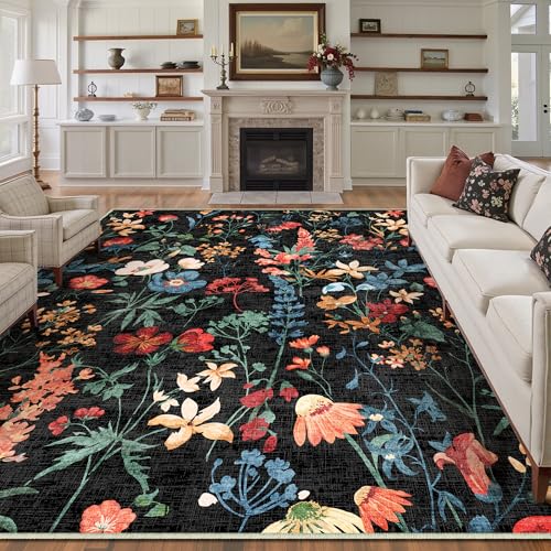 HUGEAR Schwarz Waschbarer Teppich Blumenmuster 200x300cm Blumen Boho Neutral Modern Rugs for Living Room Weich rutschfest Groß Tepich Kurzflor Schlafzimmer Carpet Esszimmer Bedroom Teppiche Büro von HUGEAR