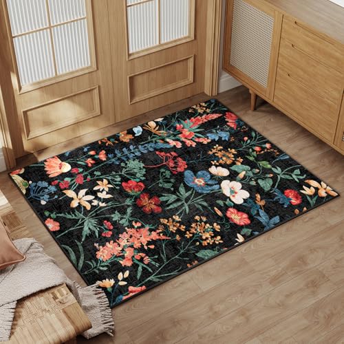 HUGEAR Schwarz Waschbarer Teppich Blumenmuster 60x90cm Bumen Boho Eingangsbereich Neutral Modern Fußmatte Badezimmerteppich Weich rutschfest Kleiner Kurzflor Bad Schlafzimmer Carpet Bedroom von HUGEAR