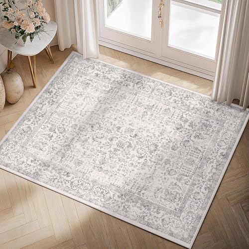 HUGEAR Taupe Bereich Teppich 60x90 cm - Vintage Eingang Küche Wohnzimmer Indoor Schlafzimmer Waschbar Distressed Floral Tür Matte Retro Akzent Wurf Esszimmer von HUGEAR