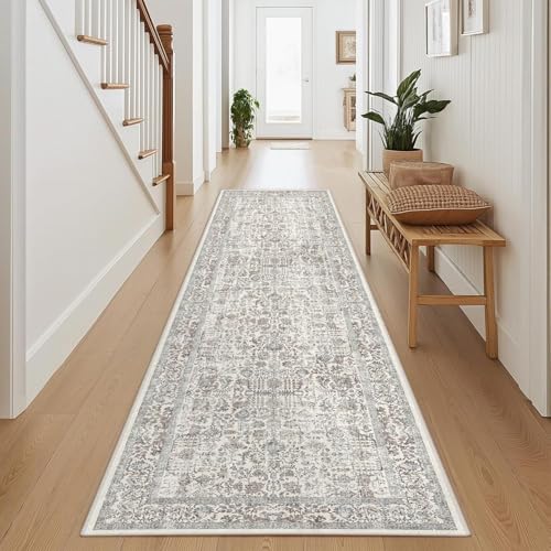 HUGEAR Taupe Runner Teppich 60x240 cm Indoor Vintage Bereich Teppich Küche Flur Schlafzimmer Teppich Waschbar Wohnzimmer Teppich Retro Floral Akzent Werfen Teppich Distressed Boden Teppich Esszimmer von HUGEAR