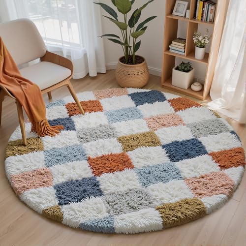 HUGEAR Teppich Kariert Hochflor Teppich Rund 120cm Bunt Runder Wohnzimmer Schlafzimmer Rutschfester Kinderteppich Flauschig Weicher Carpet Living Room Kinder Mädchen Jungs Bettvorleger HUGEAR Teppich Kariert Hochflor Teppich Rund 120cm Bunt Runder Wohnzimmer Schlafzimmer Rutschfester Kinderteppich Flauschig Weicher Carpet Living Room Kinder Mädchen Jungs Bettvorleger von HUGEAR