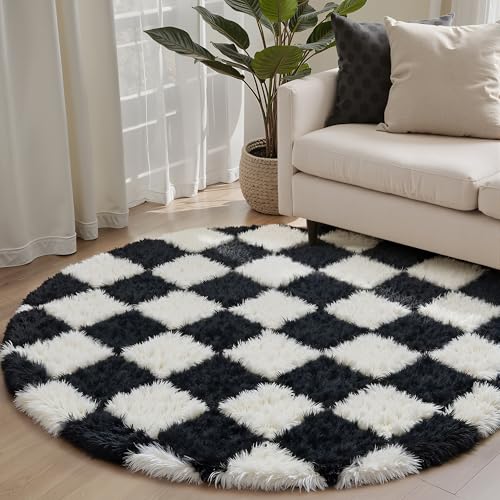 HUGEAR Teppich Kariert Hochflor Teppich Rund 120cm Schwarz weiß Runder Wohnzimmer Schlafzimmer Rutschfester Kinderteppich Flauschig Weicher Carpet Living Room Kinder Mädchen Jungs Bettvorleger von HUGEAR