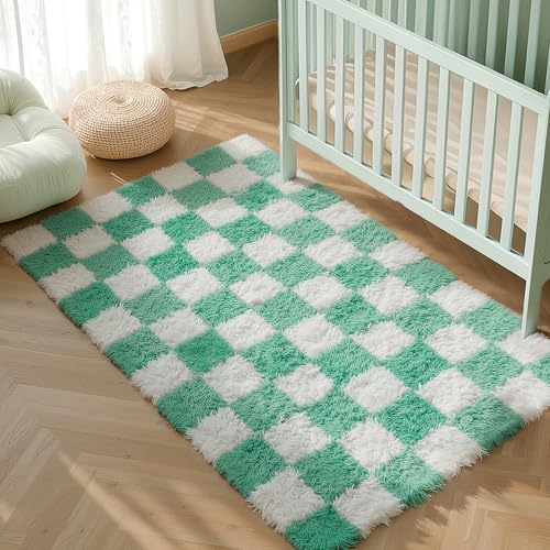 HUGEAR Teppich Kariert Hochflor Wohnzimmer 120X180cm Grüner Teppiche Schlafzimmer Rutschfester Kinderteppich Flauschig Weicher und GemüTlicher Carpet Living Room Kinder Teppich Mädchen Jungs von HUGEAR