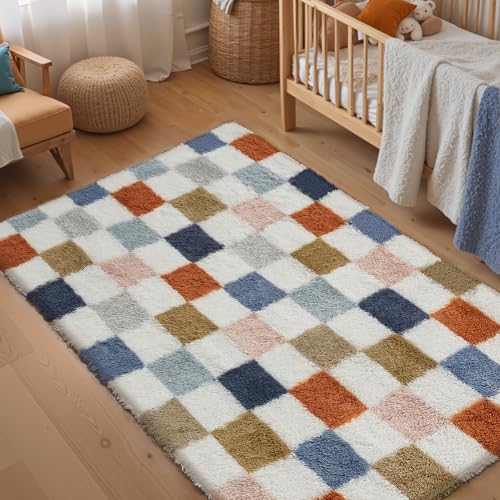 HUGEAR Teppich Kariert Hochflor Teppich Wohnzimmer 120X180cm Teppich Bunt Schlafzimmer Rutschfester Kinderteppich Flauschig Weicher und GemüTlicher Carpet Living Room Kinder Teppich Mädchen Jungs von HUGEAR