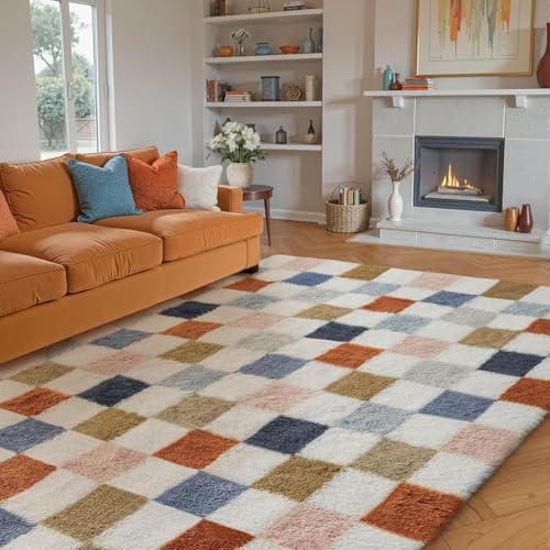 HUGEAR Teppich Kariert Hochflor Teppich Wohnzimmer 150X210cm Teppich Bunt Schlafzimmer Rutschfester Kinderteppich Flauschig Weicher und GemüTlicher Carpet Living Room Kinder Teppich Mädchen Jungs von HUGEAR