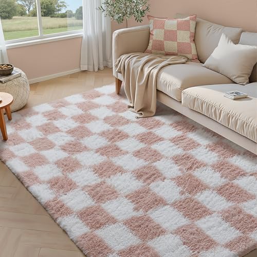 HUGEAR Teppich Kariert Hochflor Teppich Wohnzimmer 150X240cm Rosa Teppich Schlafzimmer Rutschfester Kinderteppich Flauschig Weicher und GemüTlicher Carpet Living Room Kinder Teppich Mädchen Jun von HUGEAR