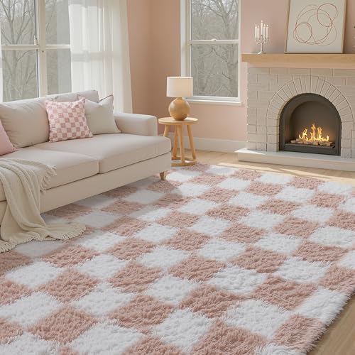 HUGEAR Teppich Kariert Hochflor Teppich Wohnzimmer 160X230cm Rosa weiß Teppiche Schlafzimmer Rutschfester Kinderteppich Flauschig Weicher und GemüTlicher Carpet Living Room Kinder Mädchen Jun von HUGEAR