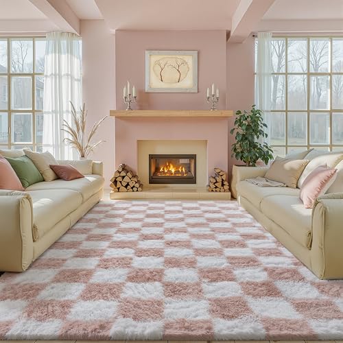HUGEAR Teppich Kariert Hochflor Teppich Wohnzimmer 180X270cm Teppiche Rosa Weiß Schlafzimmer Rutschfester Kinderteppich Flauschig Weicher und Gemütlicher Carpet Living Room Kinder Mädchen Jungs von HUGEAR