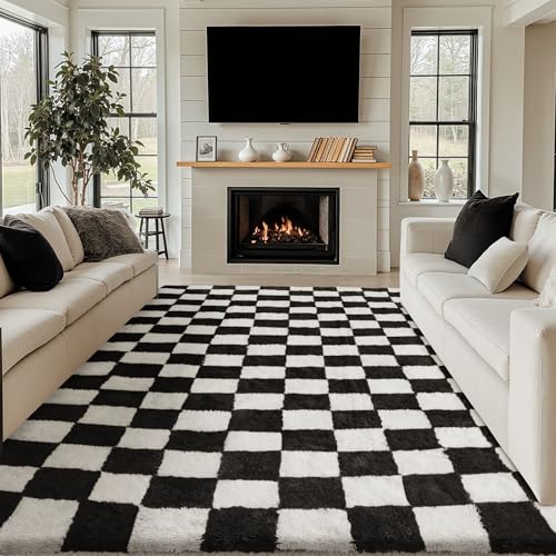 HUGEAR Teppich Kariert Hochflor Teppich Wohnzimmer 180X270cm Teppich schwarz Schlafzimmer Rutschfester Kinderteppich Flauschig Weicher und GemüTlicher Carpet Living Room Kinder Teppich Mädchen Jungs von HUGEAR