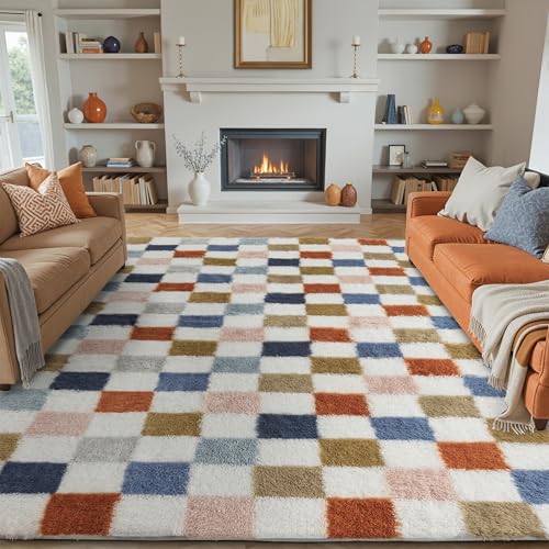 HUGEAR Teppich Kariert Hochflor Teppich Wohnzimmer 240X300cm Teppich Bunt Schlafzimmer Rutschfester Kinderteppich Flauschig Weicher und GemüTlicher Carpet Living Room Kinder Teppich Mädchen Jungs von HUGEAR