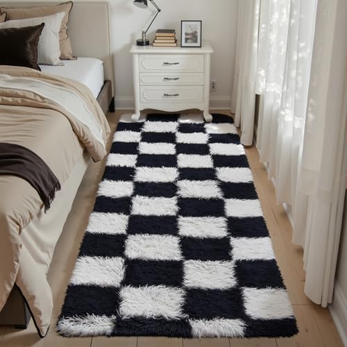HUGEAR Teppich Kariert Läufer Hochflor Teppiche Flur 60X180cm Bettvorleger schwarz weiß Schlafzimmer Rutschfester Kinderteppich Flauschig Weicher Carpet Living Room Kinder Mädchen Jungs flurläufer von HUGEAR