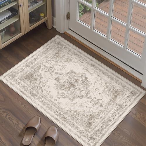 HUGEAR Vintage Area Rug 60 x 90 cm Indoor Entryway Rug Kitchen Taupe Medallion Washable Living Room Carpet Retro Accent Throw Rug Bedroom Door Mat Distressed Rug for Office Dining Room Bathroom von HUGEAR