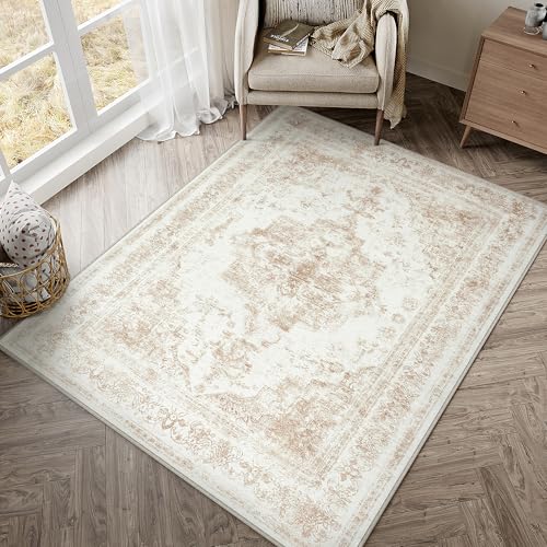 HUGEAR Vintage Beige Waschbarer Teppich Wohnzimmer 120x180cm Retro Rugs for Living Room Weich rutschfest Groß Tepich Kurzflor Schlafzimmer Carpet Living Room Bedroom Esszimmer Teppiche Büro von HUGEAR