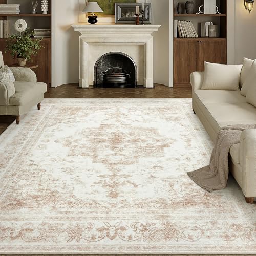 HUGEAR Vintage Beige Waschbarer Teppich Wohnzimmer 240x300cm Retro Rugs for Living Room Weich rutschfest Groß Tepich Kurzflor Schlafzimmer Carpet Living Room Bedroom Esszimmer Teppiche Büro von HUGEAR