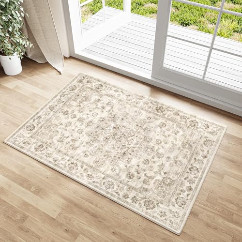 HUGEAR Vintage Beige Waschbarer Teppich im Eingangsbereich 60x90cm fußmatte badezimmerteppich Weich rutschfest Retro Kleiner Tepich Kurzflor Bad Schlafzimmer Carpet Bedroom von HUGEAR