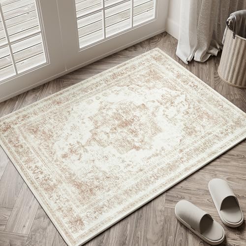 HUGEAR Vintage Creme Waschbarer Teppich im Eingangsbereich 60x90cm fußmatte badezimmerteppich Weich rutschfest Retro Kleiner Tepich Kurzflor Bad Schlafzimmer Carpet Bedroom von HUGEAR