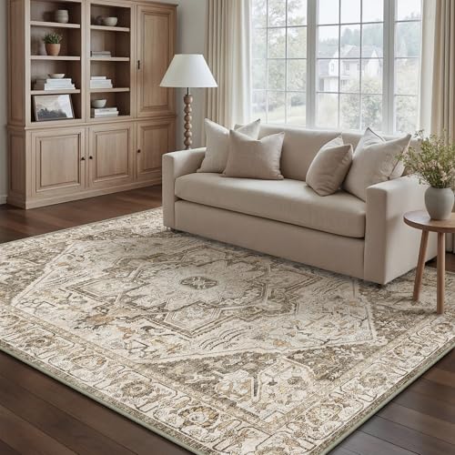 HUGEAR Vintage Bereich Teppich 150x210 cm Indoor Schlafzimmer Teppich Küche Braun Medaillon Waschbar Wohnzimmer Teppich Retro Akzent Werfen Teppich Braun Distressed Teppich Büro Esszimmer Badezimmer von HUGEAR