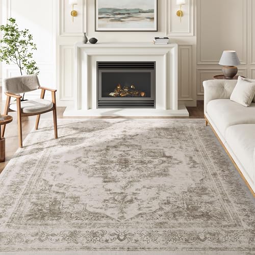 HUGEAR Vintage Bereich Teppich 150x210 cm Indoor Schlafzimmer Küche Taupe Medaillon Waschbar Wohnzimmer Retro Akzent Werfen Braun Distressed für Büro Esszimmer von HUGEAR