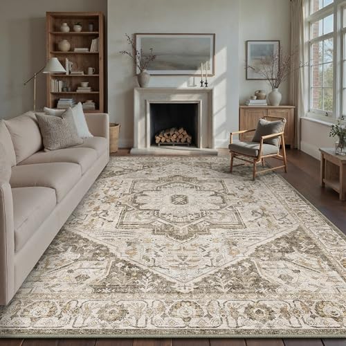 HUGEAR Vintage Bereich Teppich 240x300 cm Indoor Schlafzimmer Teppiche Braun Medaillon Waschbar Wohnzimmer Retro Akzent Werfen Distressed Teppich für Büro Esszimmer Kinderzimmer von HUGEAR