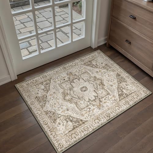 HUGEAR Vintage Braun Waschbarer Teppich im Eingangsbereich 60x90cm fußmatte badezimmerteppich Weich rutschfest Retro Kleiner Tepich Kurzflor Bad Schlafzimmer Carpet Bedroom von HUGEAR