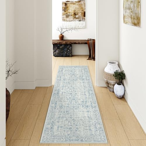 Vintage Blau Waschbarer Teppich 60x180cm LäUfer Flur rutschfest Weich Vorzimmer Tepich Kurzflor Schlafzimmer Retroteppiche KüChe Bedroom Brücken Hallway Carpet von HUGEAR