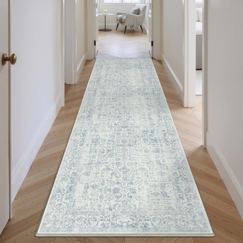 Vintage Blau Waschbarer Teppich 60x240cm LäUfer Flur rutschfest Weich Vorzimmer Tepich Kurzflor Schlafzimmer Retroteppiche KüChe Bedroom Brücken Hallway Carpet von HUGEAR