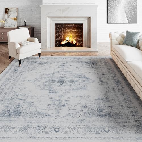 HUGEAR Vintage Blau Waschbarer Teppich Wohnzimmer 180x270cm Retro Rugs for Living Room Weich rutschfest Groß Tepich Kurzflor Schlafzimmer Carpet Living Room Bedroom Esszimmer Teppiche Büro von HUGEAR
