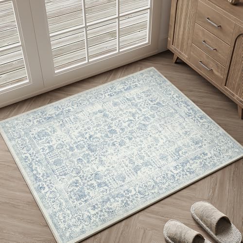 HUGEAR Vintage Blau Waschbarer Teppich im Eingangsbereich 60x90cm fußmatte badezimmerteppich Weich rutschfest Retro Kleiner Tepich Kurzflor Bad Schlafzimmer Carpet Bedroom von HUGEAR