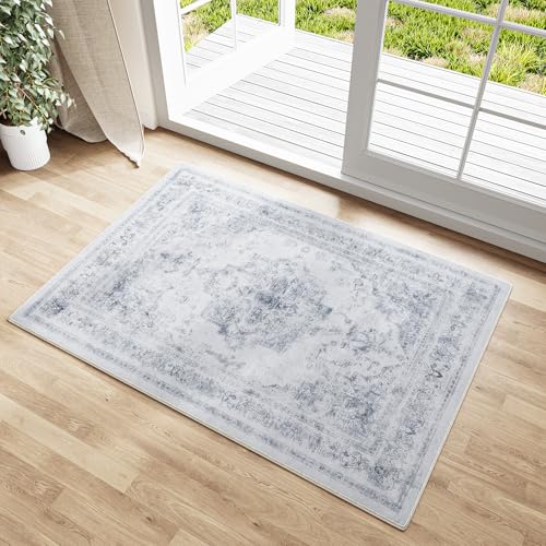 HUGEAR Vintage Blau Waschbarer Teppich im Eingangsbereich 60x90cm fußmatte badezimmerteppich Weich rutschfest Retro Kleiner Tepich Kurzflor Bad Schlafzimmer Carpet Bedroom von HUGEAR