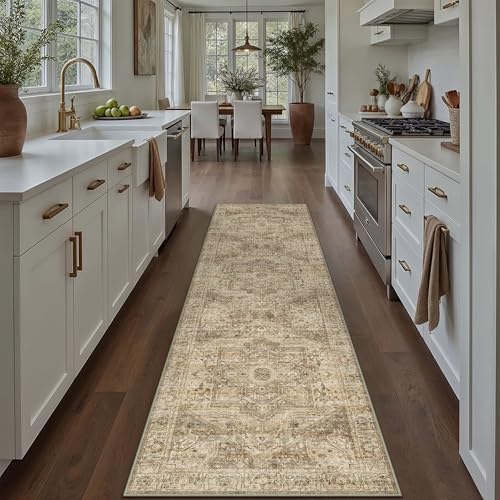HUGEAR Vintage Braun Multi Waschbarer Teppich 60x240cm LäUfer Flur rutschfest Weich Vorzimmer Tepich Kurzflor Schlafzimmer Retroteppiche KüChe Bedroom Brücken Hallway Carpet von HUGEAR