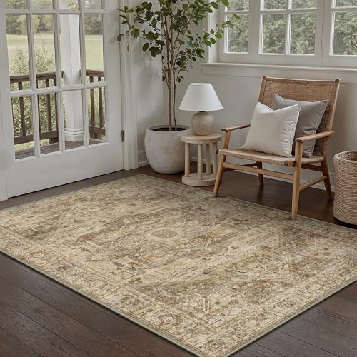 HUGEAR Vintage Braun Multi Waschbarer Teppich Wohnzimmer 90x150cm Retro Rugs for Living Room Weich rutschfest Groß Tepich Kurzflor Schlafzimmer Carpet Living Room Bedroom Esszimmer Teppiche Büro von HUGEAR