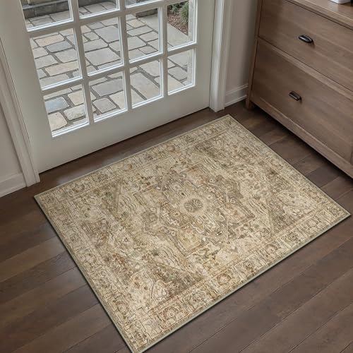 HUGEAR Vintage Braun Multi Waschbarer Teppich im Eingangsbereich 60x90cm fußmatte badezimmerteppich Weich rutschfest Retro Kleiner Tepich Kurzflor Bad Schlafzimmer Carpet Bedroom von HUGEAR