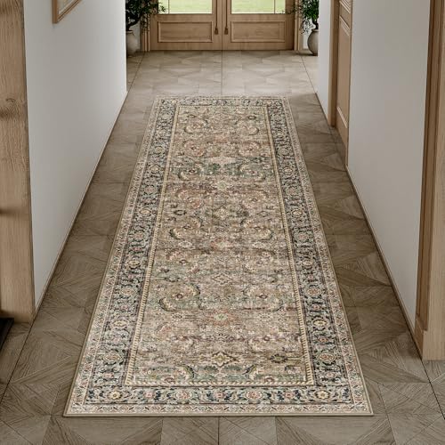 HUGEAR Vintage Braun Waschbarer Läufer Teppich Flur 60x180cm Bettvorleger Küchen Wohnzimmer Schlafzimmer Teppiche rutschfest Kurzflor Weich Flurläufer Teppichläufer von HUGEAR