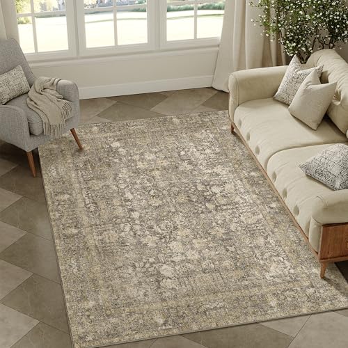 HUGEAR Vintage Braun Waschbarer Teppich Wohnzimmer 120x180cm Retro Rugs for Living Room Weich rutschfest Groß Tepich Kurzflor Schlafzimmer Carpet Living Room Bedroom Esszimmer Teppiche Büro von HUGEAR