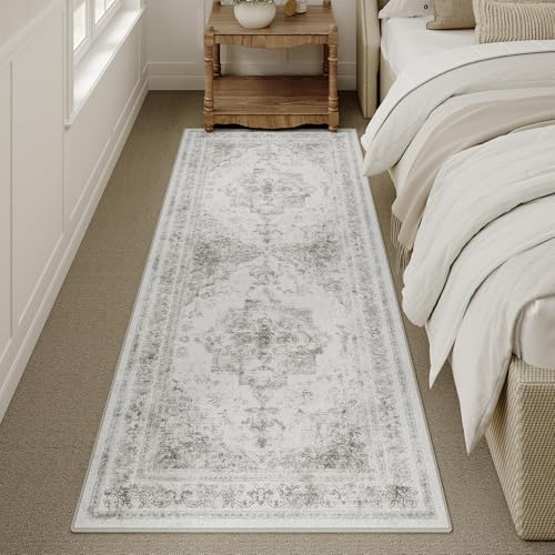 HUGEAR Vintage Grau Waschbarer Teppich 60x180cm LäUfer Flur rutschfest Weich Vorzimmer Tepich Kurzflor Schlafzimmer Retroteppiche KüChe Bedroom Brücken Hallway Carpet von HUGEAR
