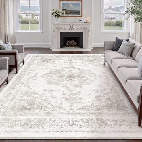 HUGEAR Vintage Grau Waschbarer Teppich Wohnzimmer 150x210cm Retro Rugs for Living Room Weich rutschfest Groß Tepich Kurzflor Schlafzimmer Carpet Living Room Bedroom Esszimmer Teppiche Büro von HUGEAR