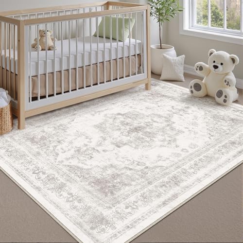 HUGEAR Vintage Grau Waschbarer Teppich Wohnzimmer 90x150cm Retro Rugs for Living Room Weich rutschfest Groß Tepich Kurzflor Schlafzimmer Carpet Living Room Bedroom Esszimmer Teppiche Büro von HUGEAR