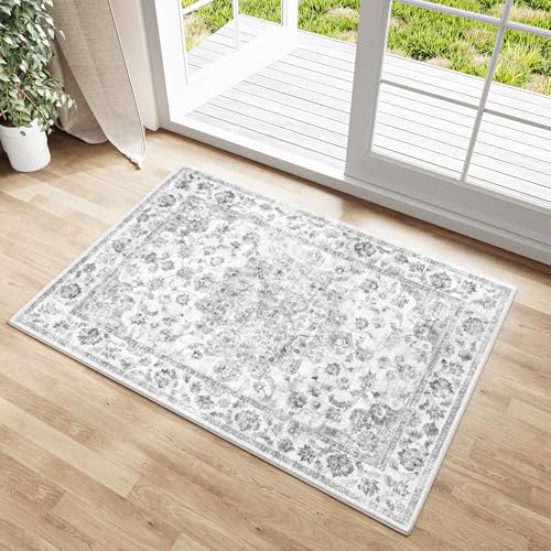 HUGEAR Vintage Grau Waschbarer Teppich im Eingangsbereich 60x90cm fußmatte badezimmerteppich Weich rutschfest Retro Kleiner Tepich Kurzflor Bad Schlafzimmer Carpet Bedroom von HUGEAR