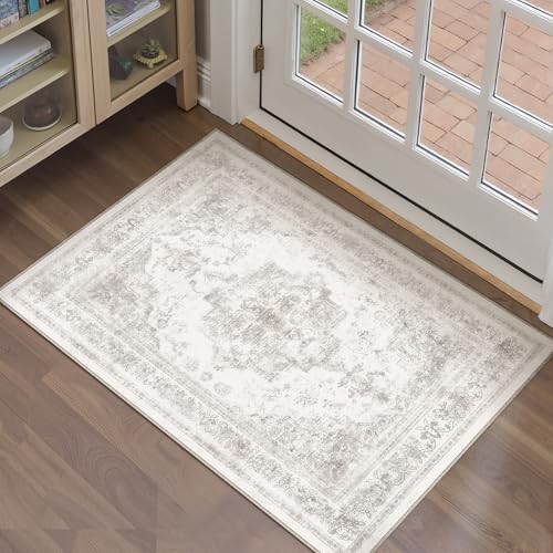 HUGEAR Vintage Grau Waschbarer Teppich im Eingangsbereich 60x90cm fußmatte badezimmerteppich Weich rutschfest Retro Kleiner Tepich Kurzflor Bad Schlafzimmer Carpet Bedroom von HUGEAR