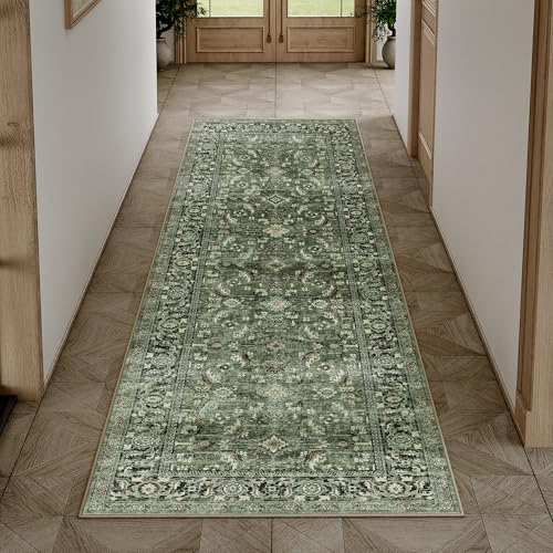 HUGEAR Vintage Grün Waschbarer Läufer Teppich Flur 60x240cm Bettvorleger Küchen Wohnzimmer Schlafzimmer Teppiche rutschfest Kurzflor Weich Flurläufer Teppichläufer von HUGEAR