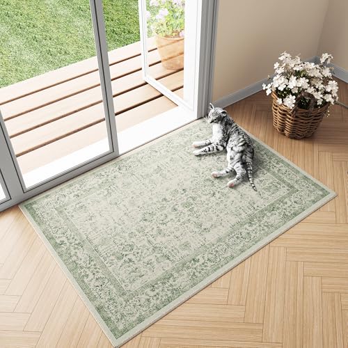 HUGEAR Vintage Grün Waschbarer Teppich im Eingangsbereich 60x90cm fußmatte badezimmerteppich Weich rutschfest Retro Kleiner Tepich Kurzflor Bad Schlafzimmer Carpet Bedroom von HUGEAR