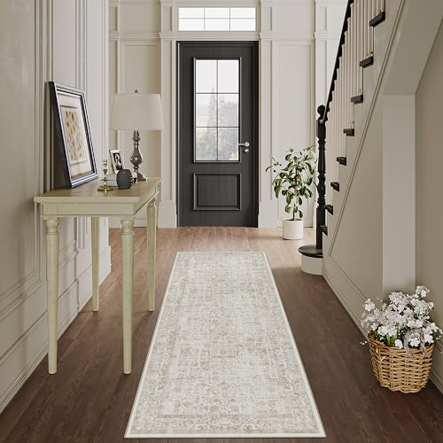HUGEAR Vintage Hellbraun Waschbarer Teppich 60x180cm LäUfer Flur rutschfest Weich Vorzimmer Tepich Kurzflor Schlafzimmer Retroteppiche KüChe Bedroom Brücken Hallway Carpet von HUGEAR