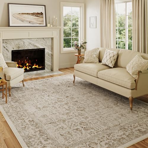 HUGEAR Vintage Hellbraun Waschbarer Teppich Wohnzimmer 150x210cm Retro Rugs for Living Room Weich rutschfest Groß Tepich Kurzflor Schlafzimmer Carpet Living Room Bedroom Esszimmer Teppiche Büro von HUGEAR