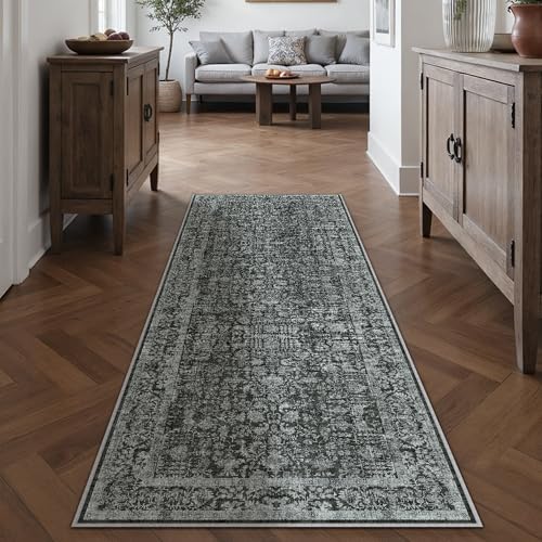 Vintage Tiefschwarz Waschbarer Teppich 60x180cm LäUfer Flur rutschfest Weich Vorzimmer Tepich Kurzflor Schlafzimmer Retroteppiche KüChe Bedroom Brücken Hallway Carpet von HUGEAR