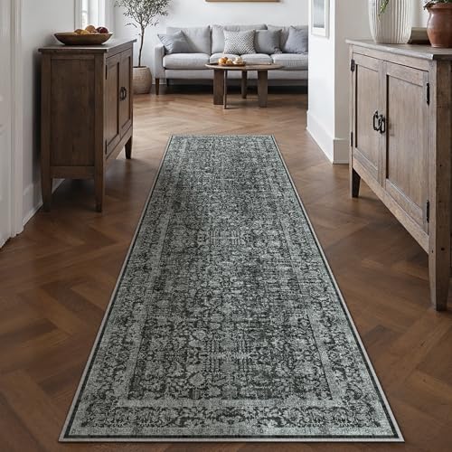 HUGEAR Vintage Tiefschwarz Waschbarer Teppich 60x240cm LäUfer Flur rutschfest Weich Vorzimmer Tepich Kurzflor Schlafzimmer Retroteppiche KüChe Bedroom Brücken Hallway Carpet von HUGEAR