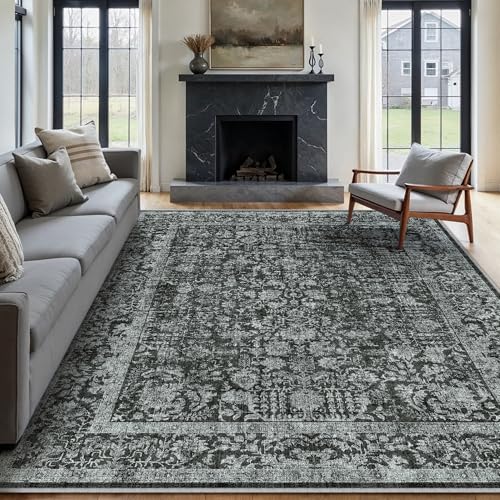HUGEAR Vintage Tiefschwarz Waschbarer Teppich Wohnzimmer 180x270cm Retro Rugs for Living Room Weich rutschfest Groß Tepich Kurzflor Schlafzimmer Carpet Living Room Bedroom Esszimmer Teppiche Büro von HUGEAR